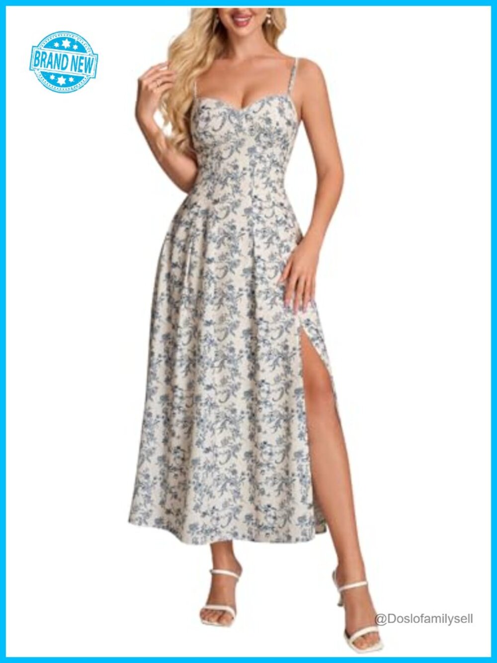 Floral Midi Dress Lace Side Slit Smocked Back Adjustable Spaghetti Strap
